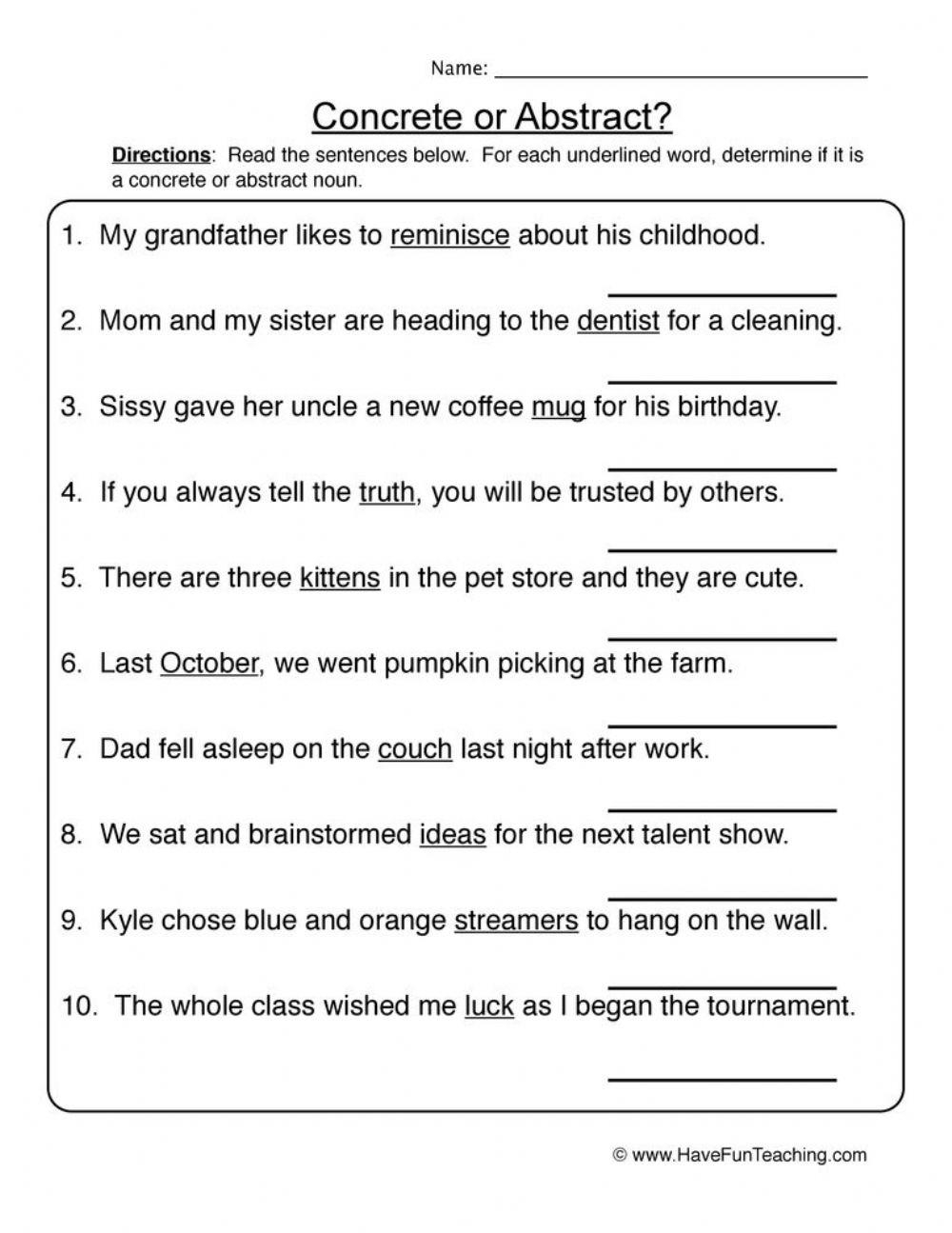 Concrete And Abstract Nouns Worksheet 1 All Kids Network Worksheets Library