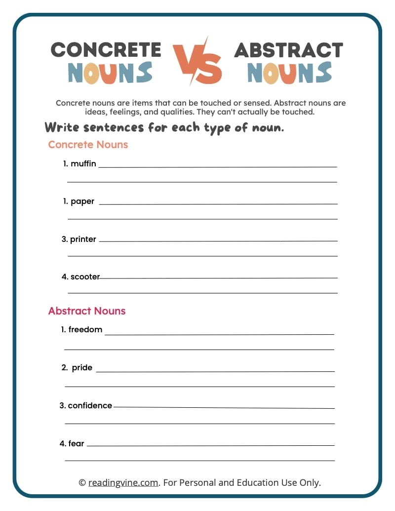 concrete and abstract nouns worksheet