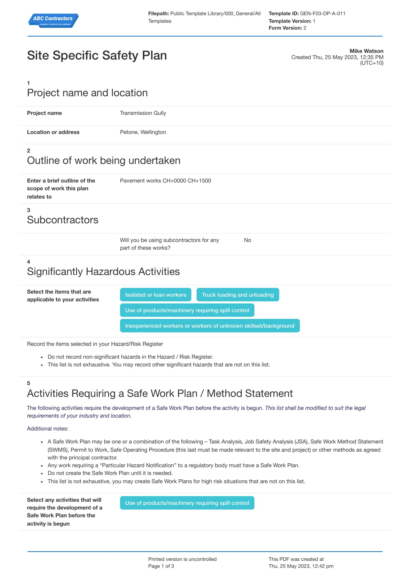 site specific safety plan template free