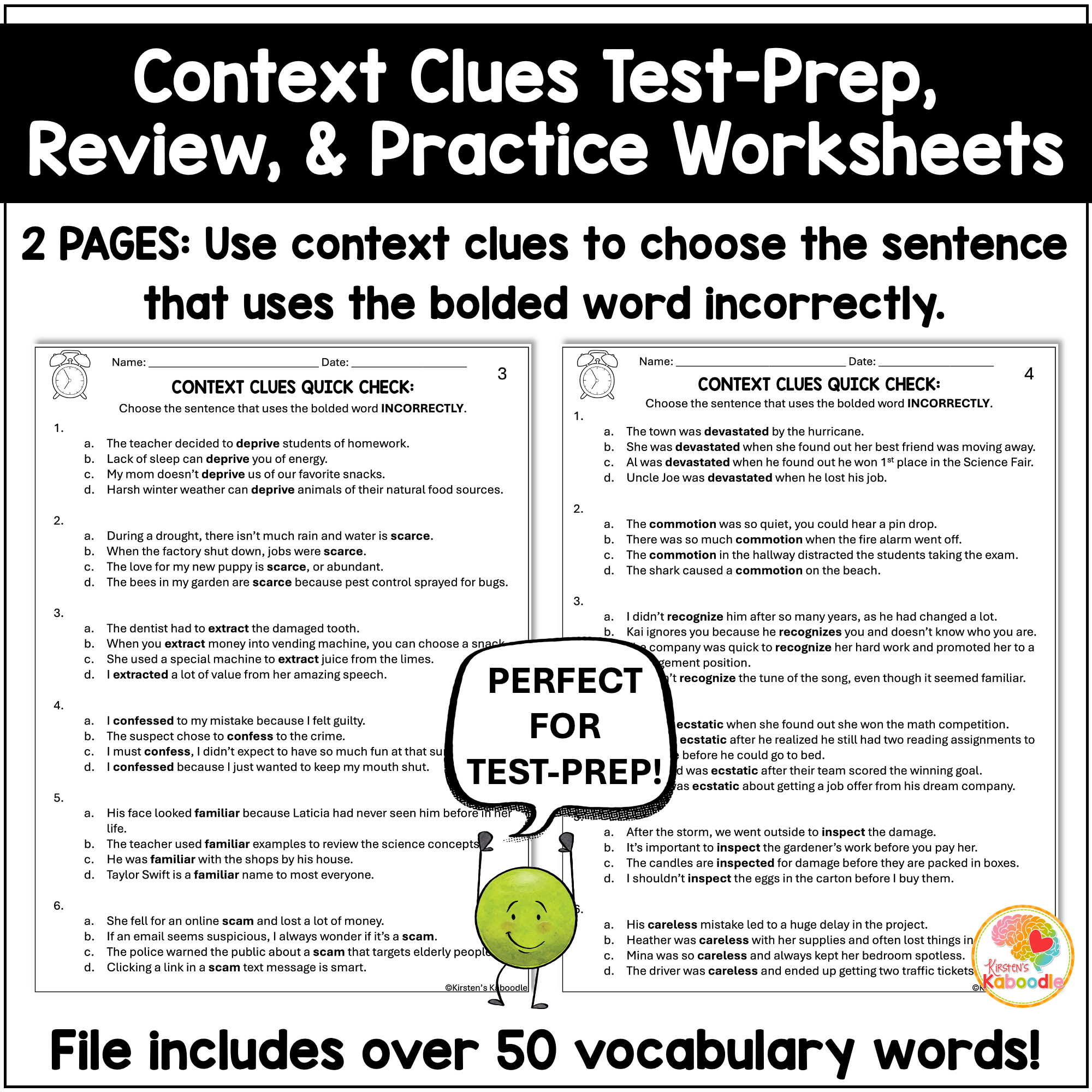 Context Clues Quick Checks Test Prep Practice Worksheets For Review 4th 5th 6th Grade