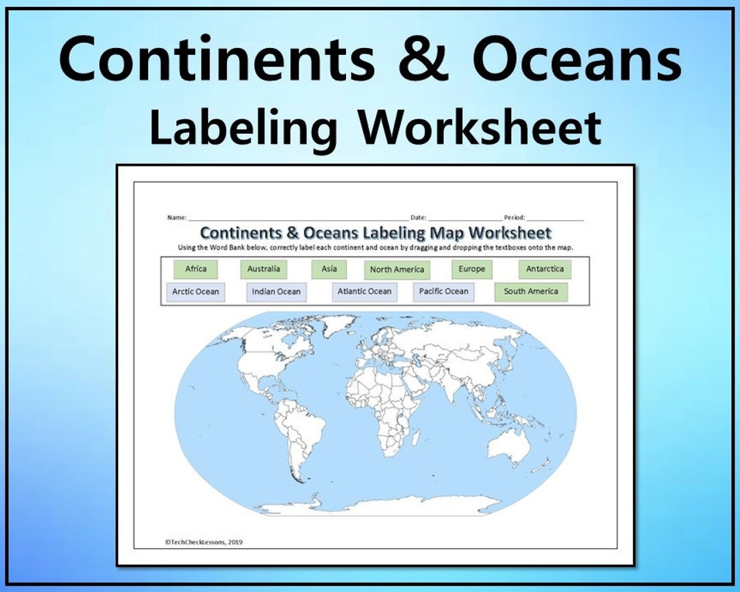 Continents U0026 Oceans Labeling Worksheet Map Editable DIGITAL DOWNLOAD Etsy