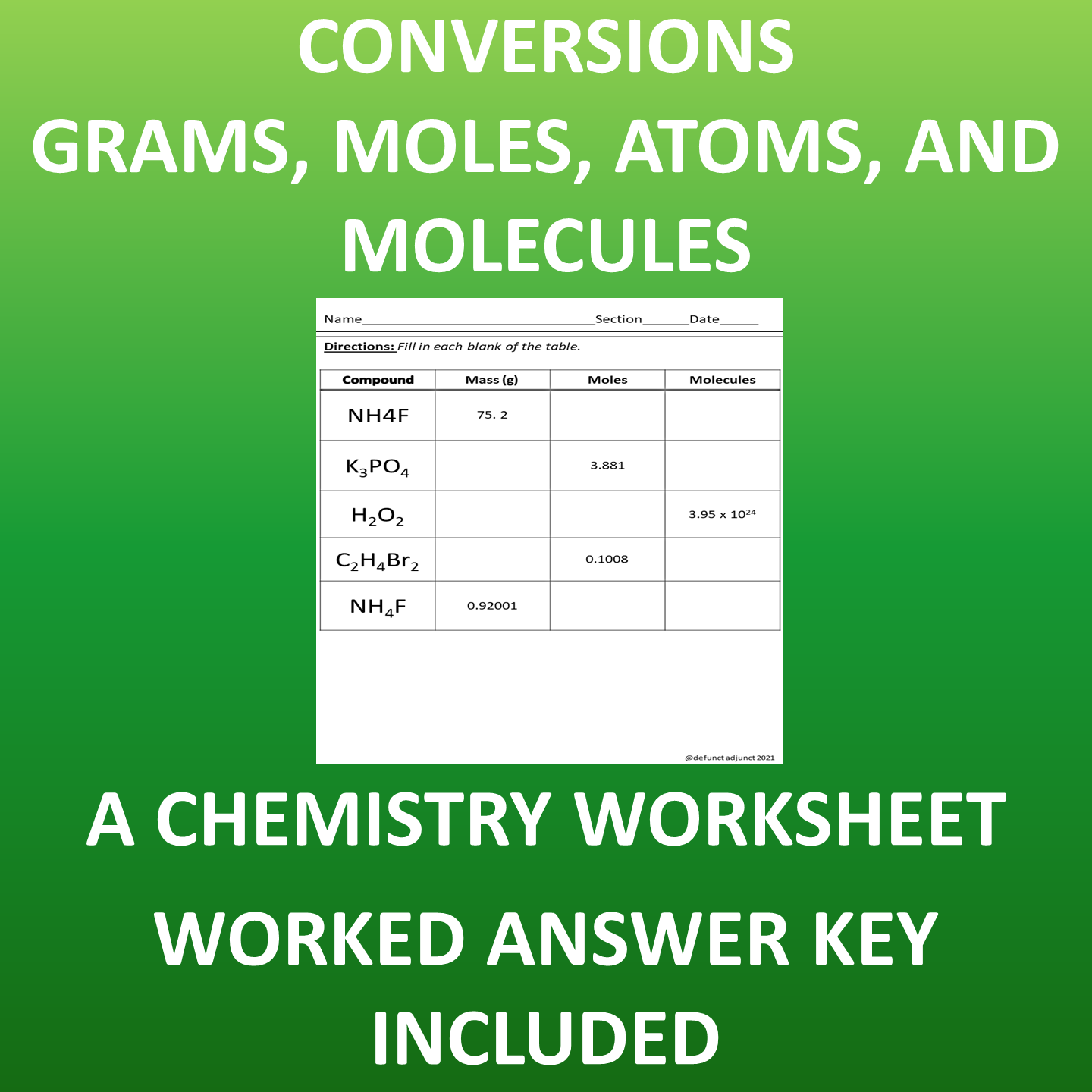 Conversions Between Grams Moles Atoms And Molecules A Chemistry Worksheet Made By Teachers