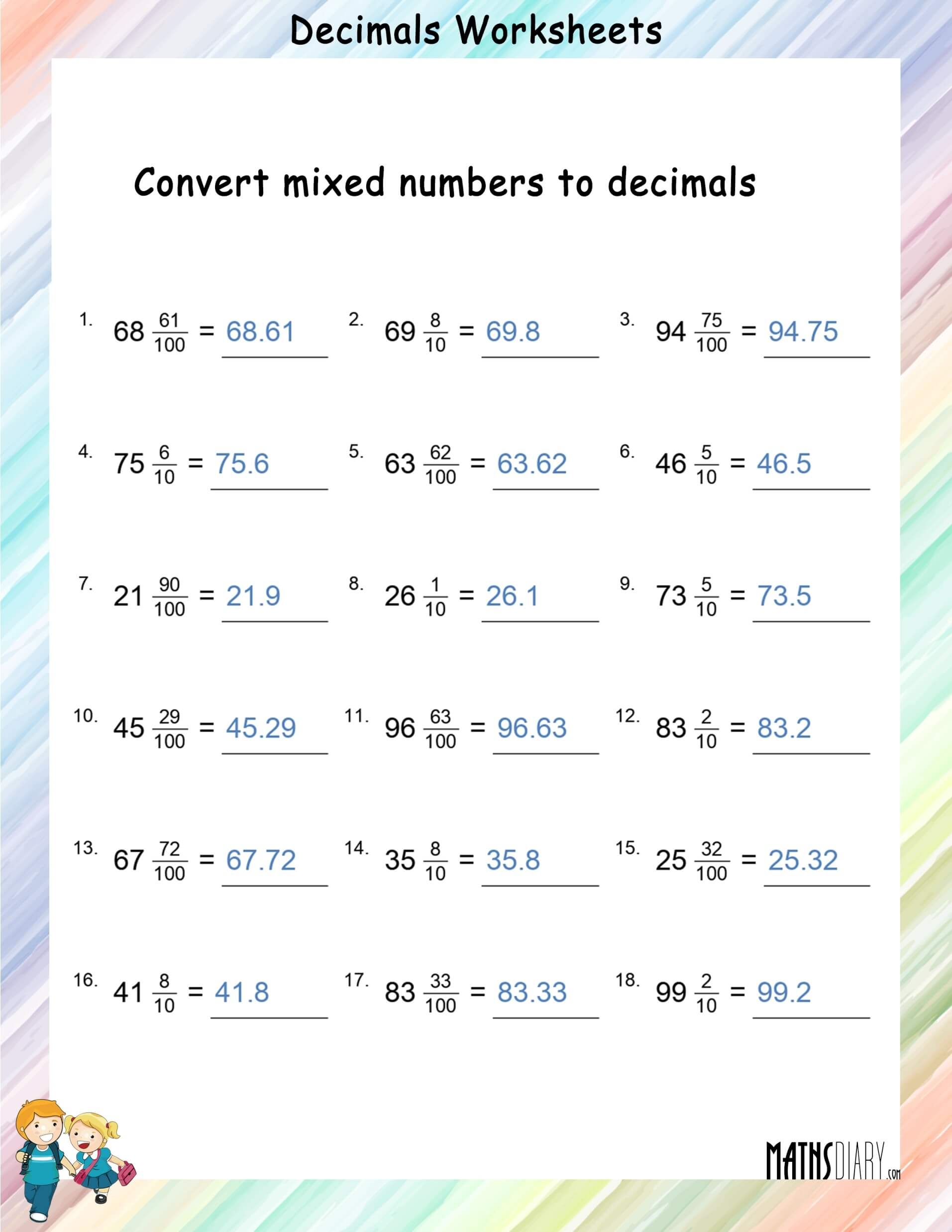 Convert Mixed Fractions To Decimals Worksheets Math Worksheets Worksheets Library