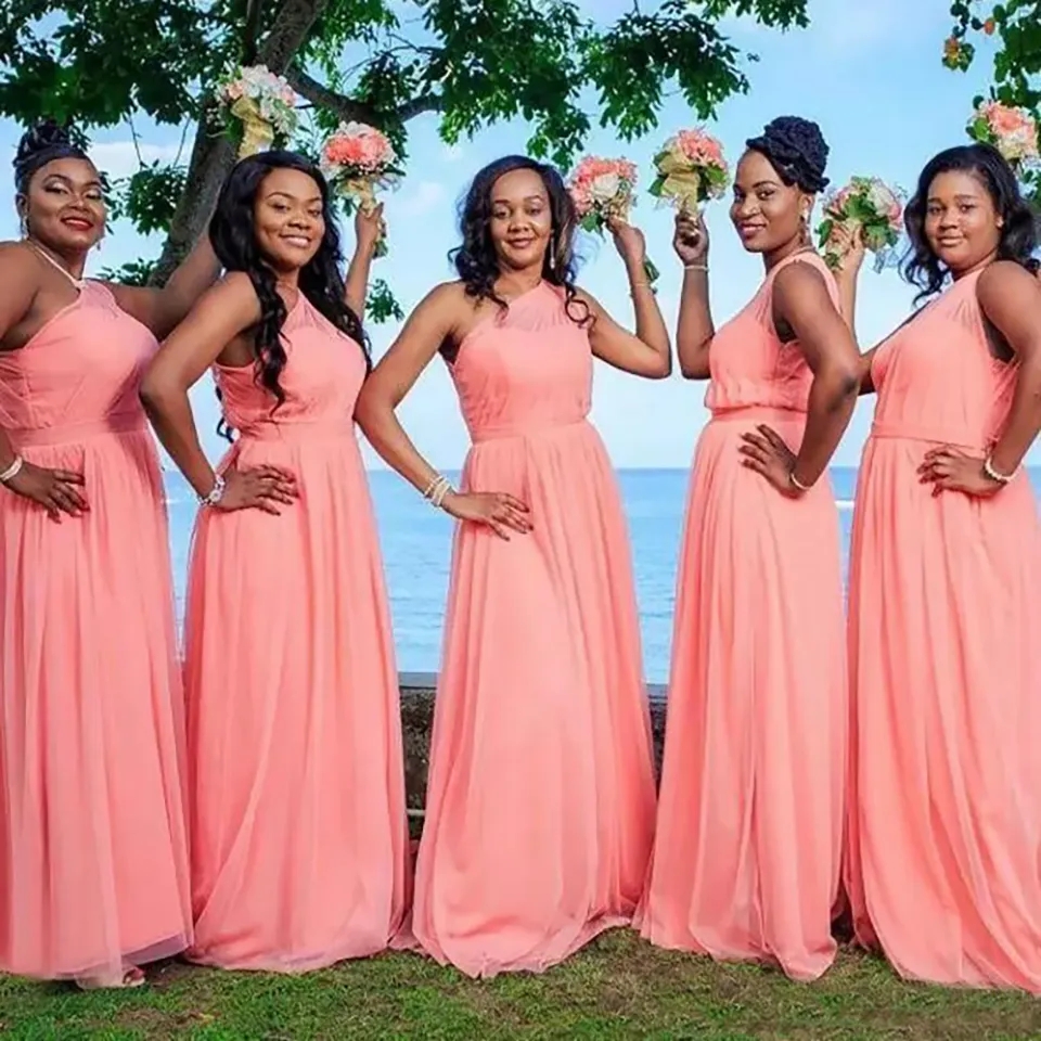 Coral One Shoulder Bridesmaid Sexy Ruched A Line Chiffon Floor 