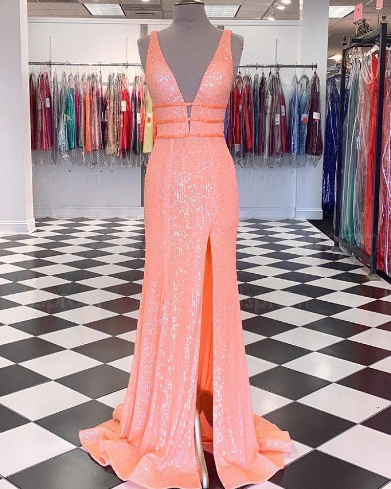 Coral Pink Strappy Sequin Mermaid V neck Prom Dress With Side Slit PD2383