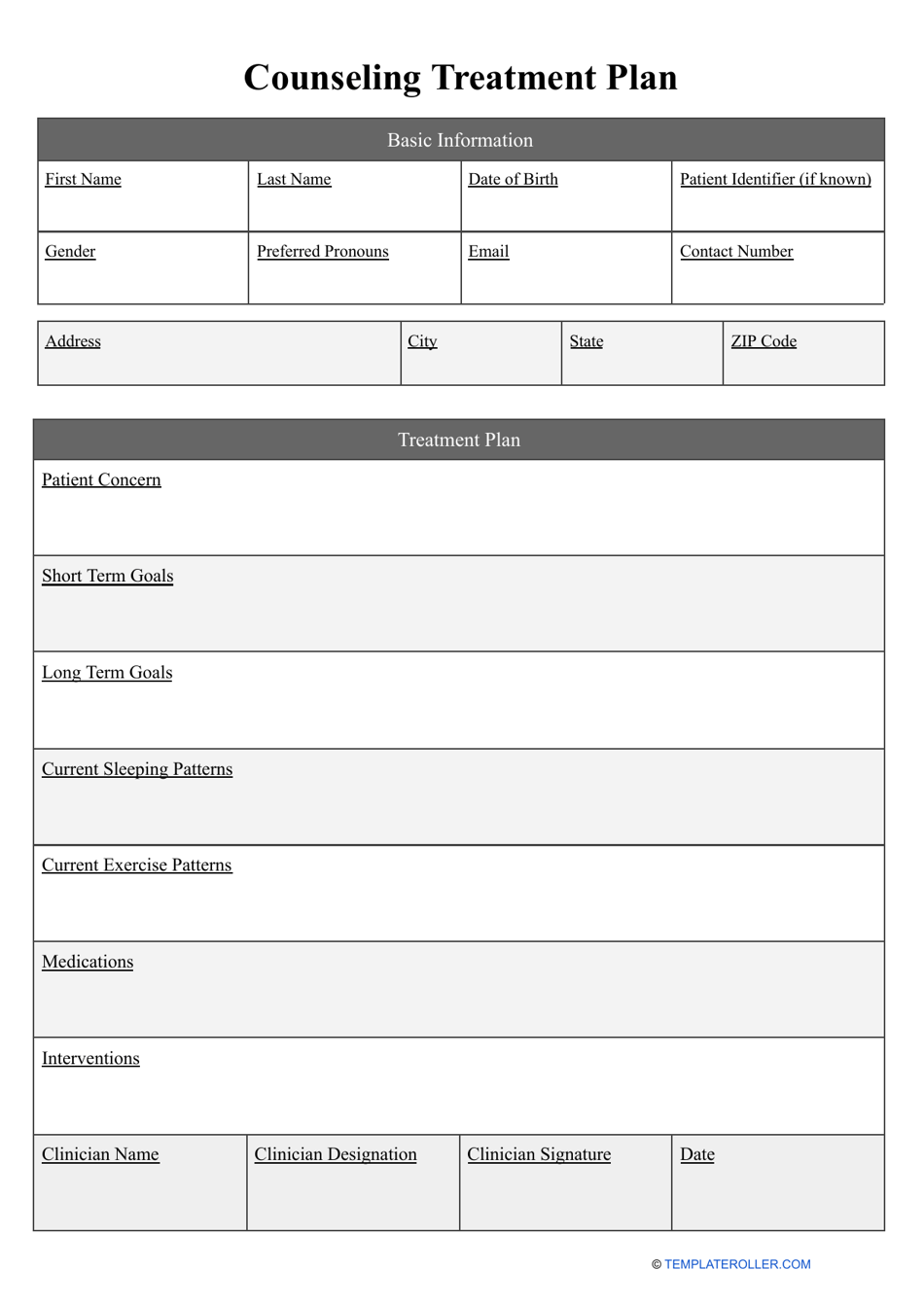 Counseling Treatment Plan Template Download Printable PDF 