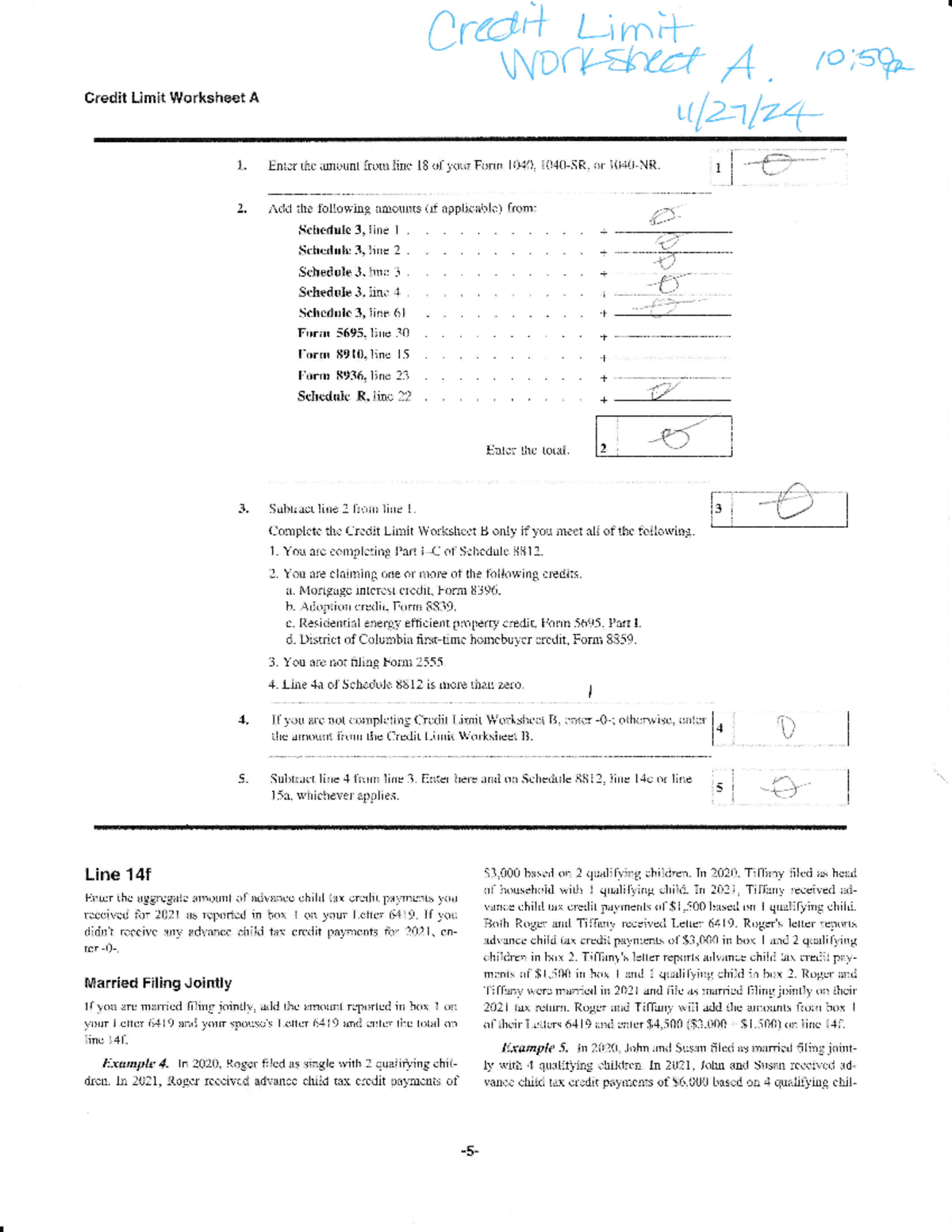 Credit Limit Worksheet A Tax Computation For Credits And 
