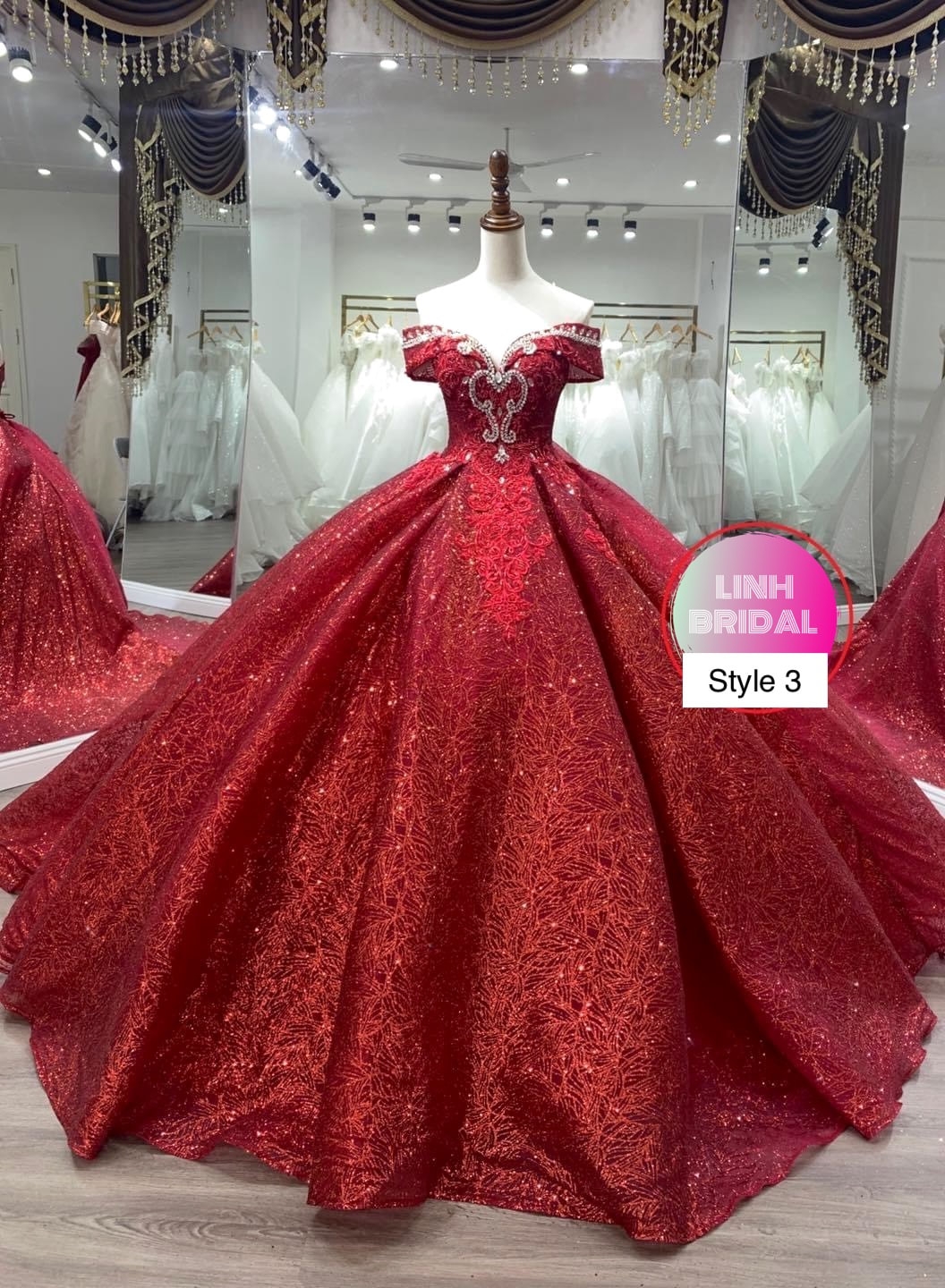 Crimson Red Illusion Off The Shoulder Red Sparkle Beaded Bodice 