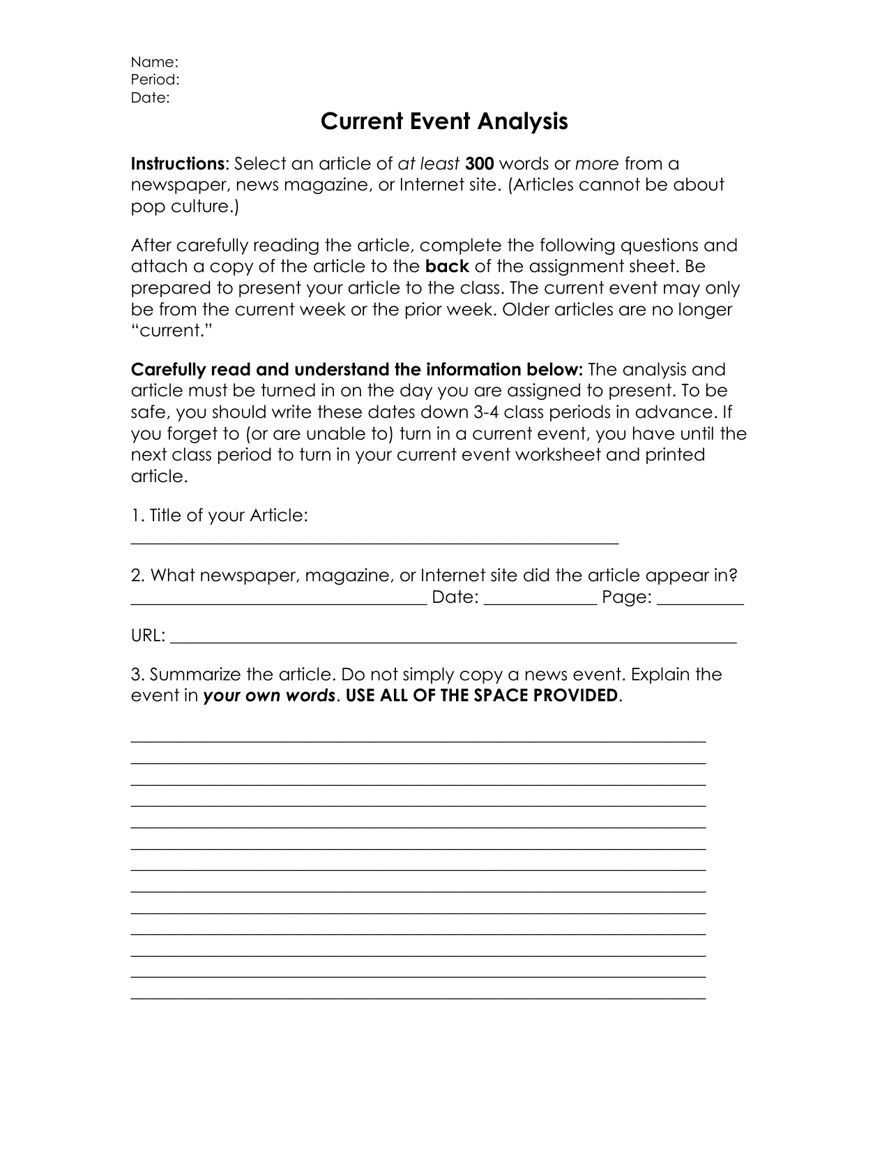 Current Event Analysis Worksheet For Students