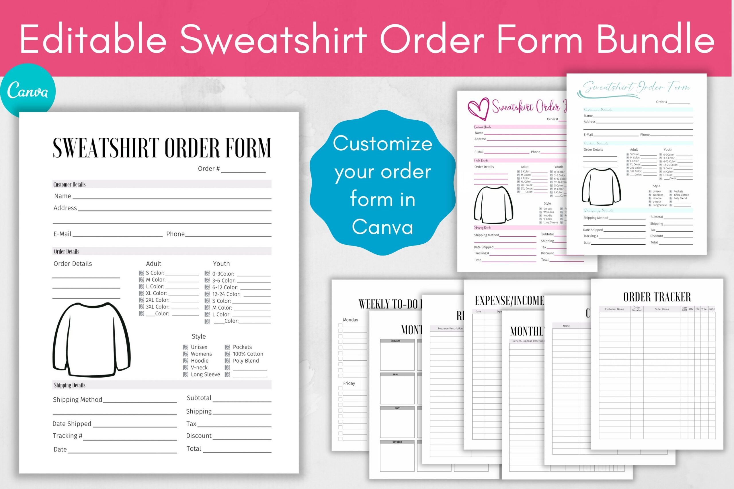 Custom Sweatshirt Order Form And Trackers Canva Template