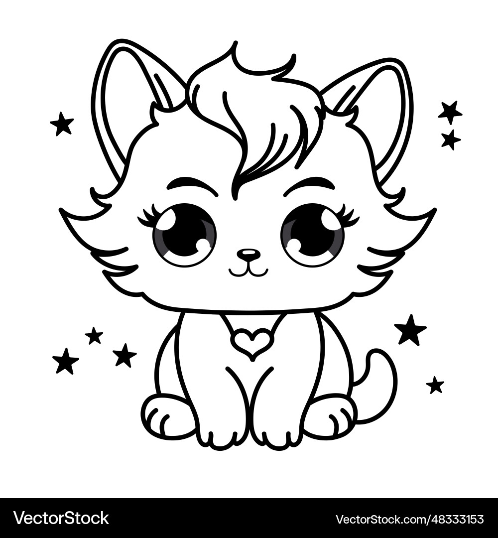 Cute Cat Coloring Page For Kids Cartoon Fluffy Vector Image
