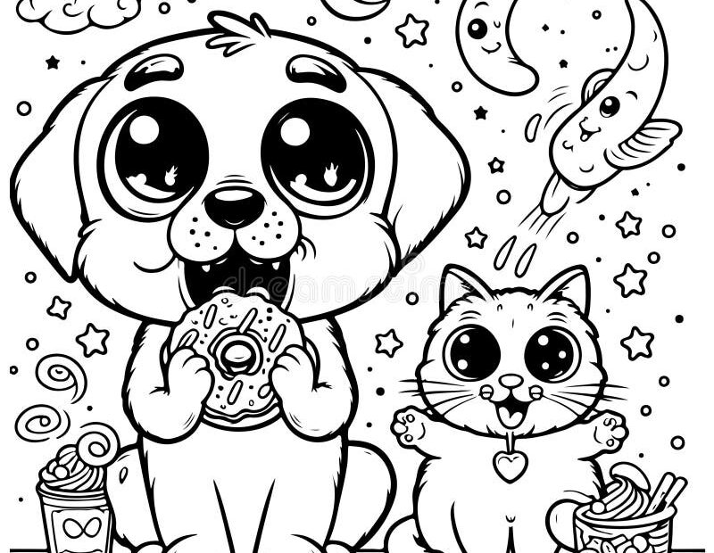 Cute Coloring Page Dog And Cat Enjoying A Nighttime Treat Stock Image Image Of Logo Line 360145913