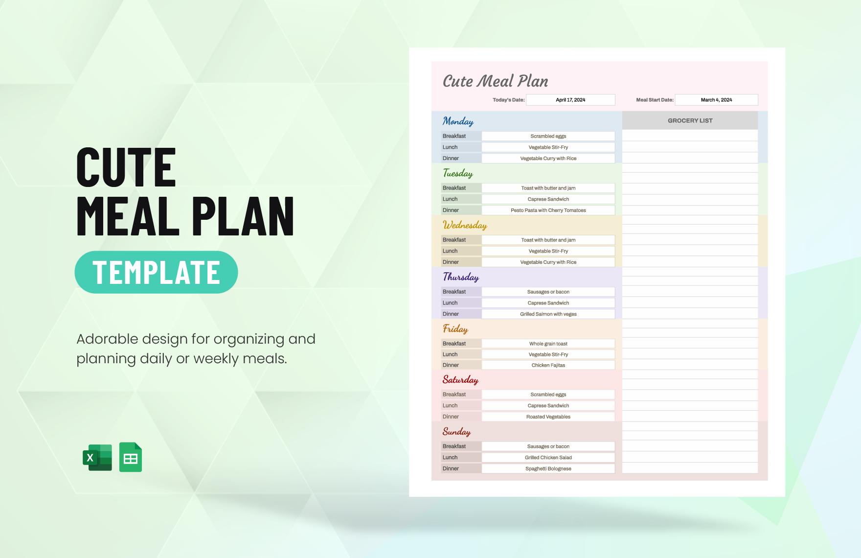 excel editable meal plan template
