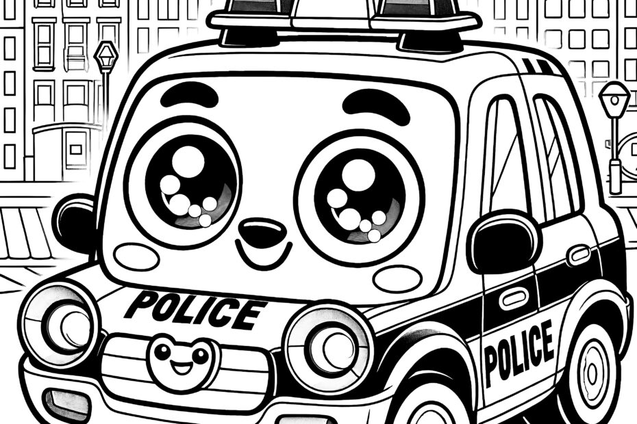 Cute Toy Police Car In Front Of Buildings Coloring Picture For Kids Free