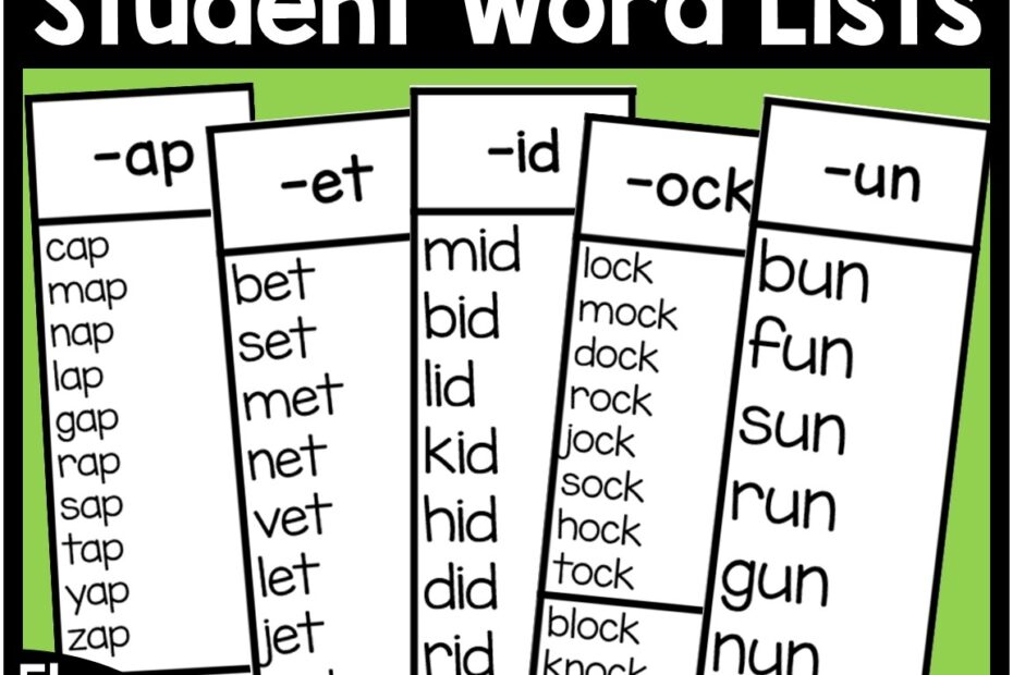 CVC Word Lists For Students Printable Short Vowel Word Family Bookmarks