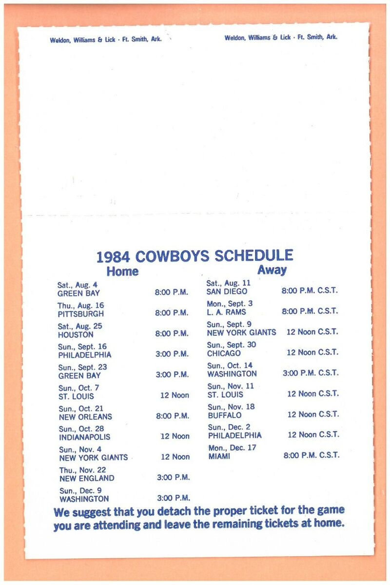 Dallas Cowboys 1984 NFL Season Ticket Holder Schedule Tony Dorsett Randy White D