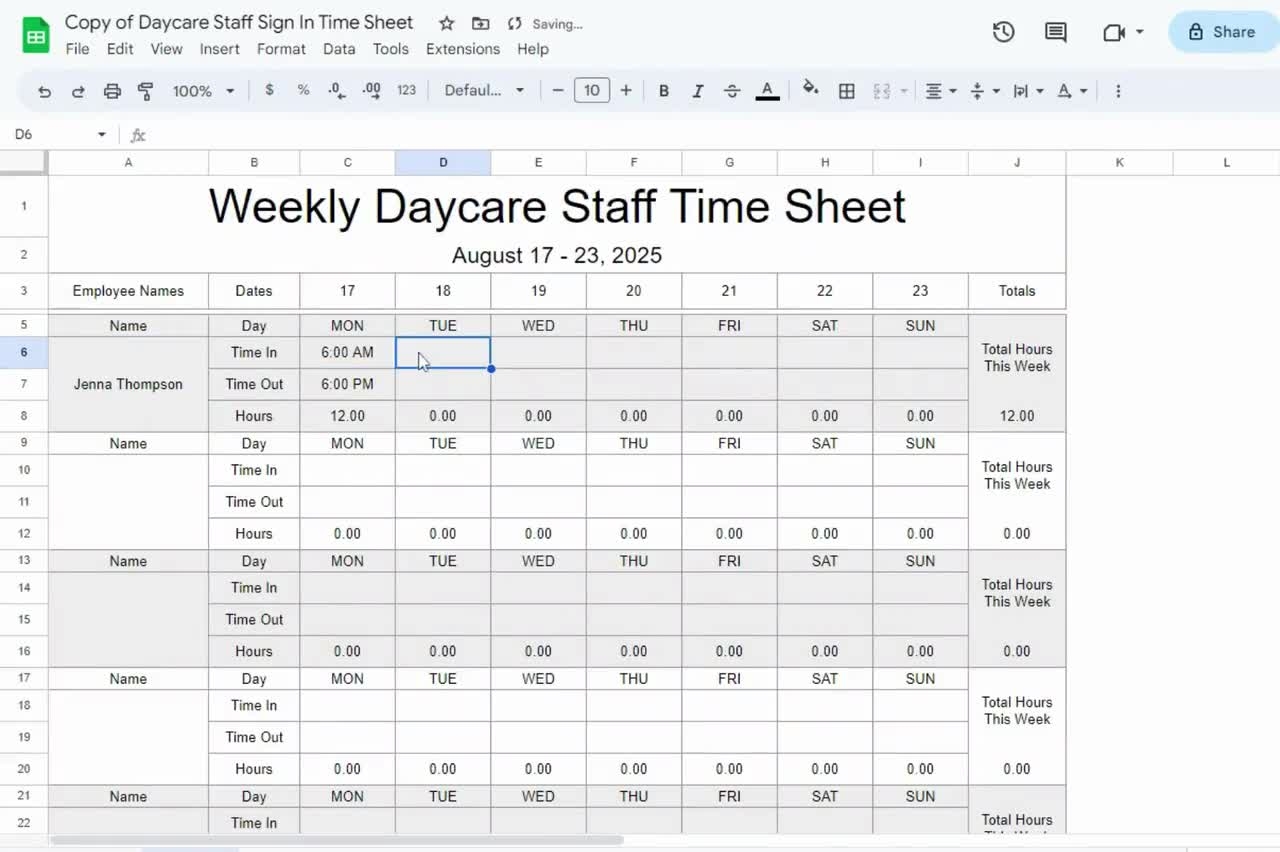 Daycare Employees Work Schedule Daily Weekly Preschool Multiple Staff Time Sheet Editable Google Sheets Template US Letter Size Printable