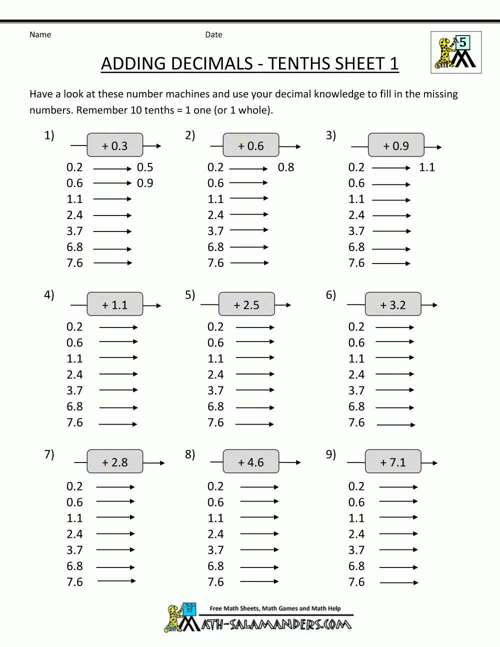 adding decimal worksheets