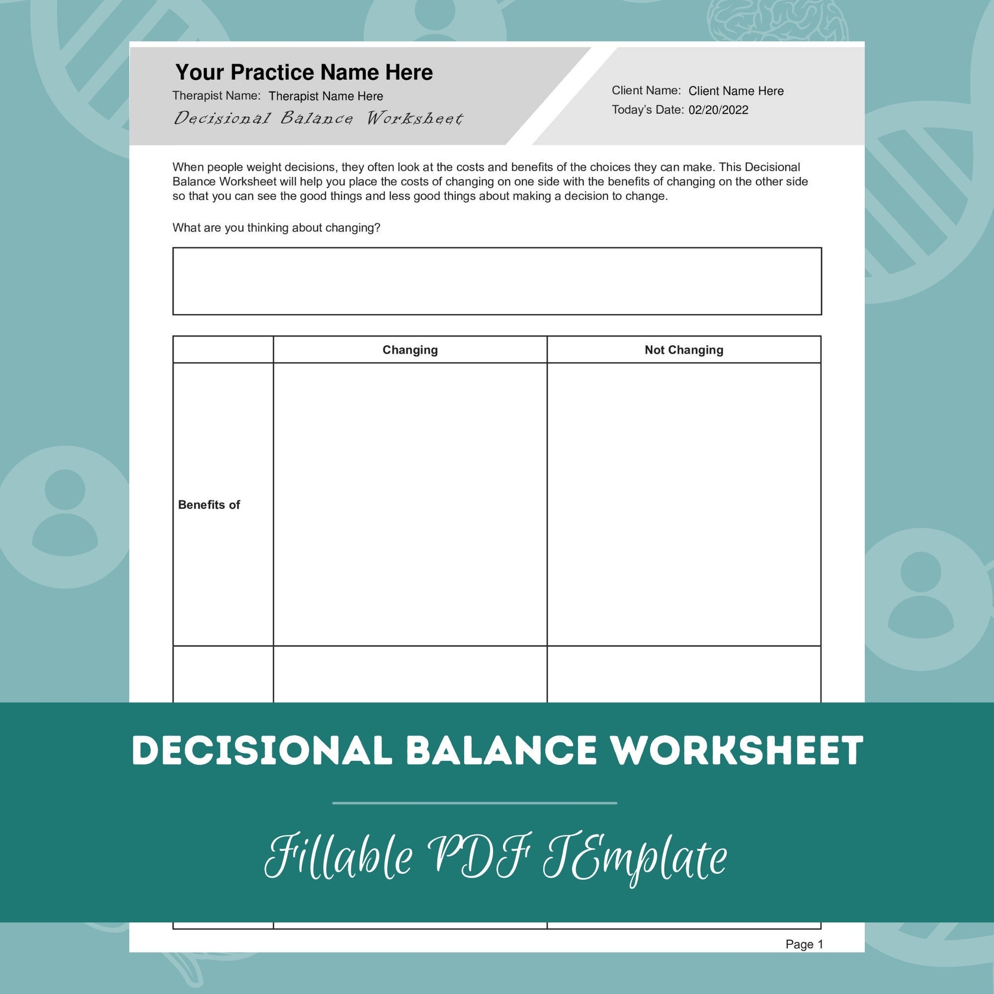 Decisional Balance Worksheet Editable Fillable PDF Template For Counselors Psychologists Social Workers Therapists