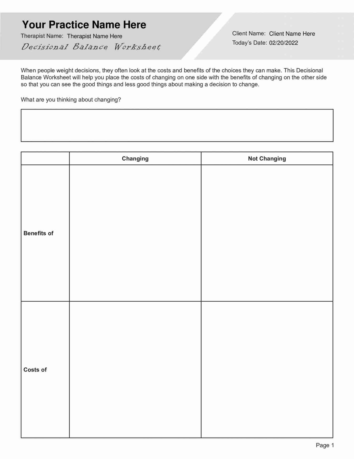 Decisional Balance Worksheet PDF TherapyByPro