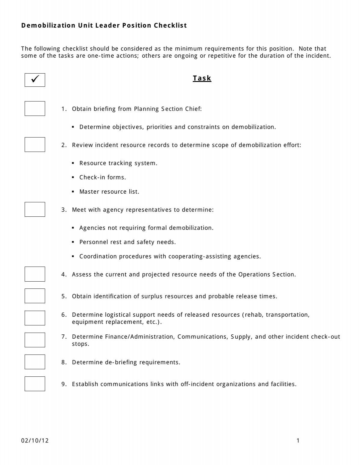 Demobilization Unit Leader Position Checklist