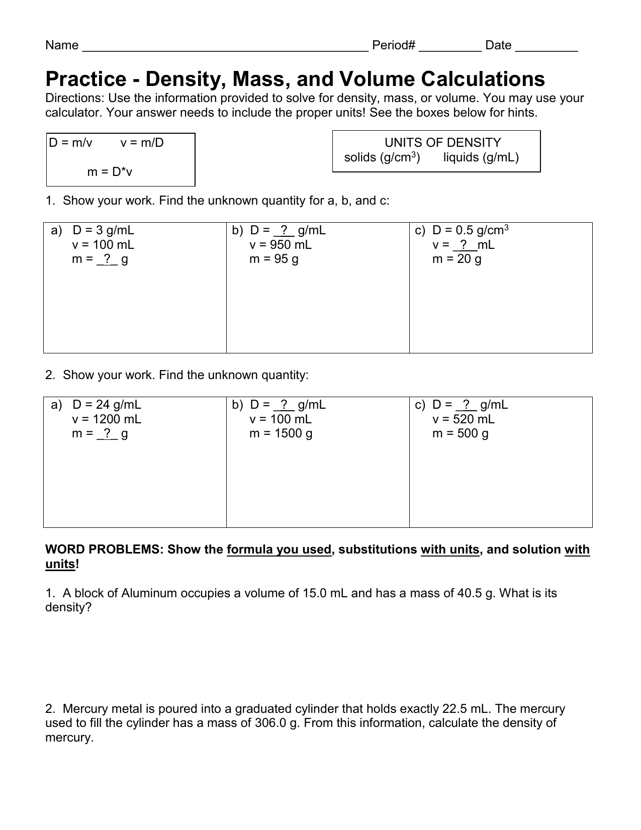 Density Calculations Worksheet I Worksheets Library