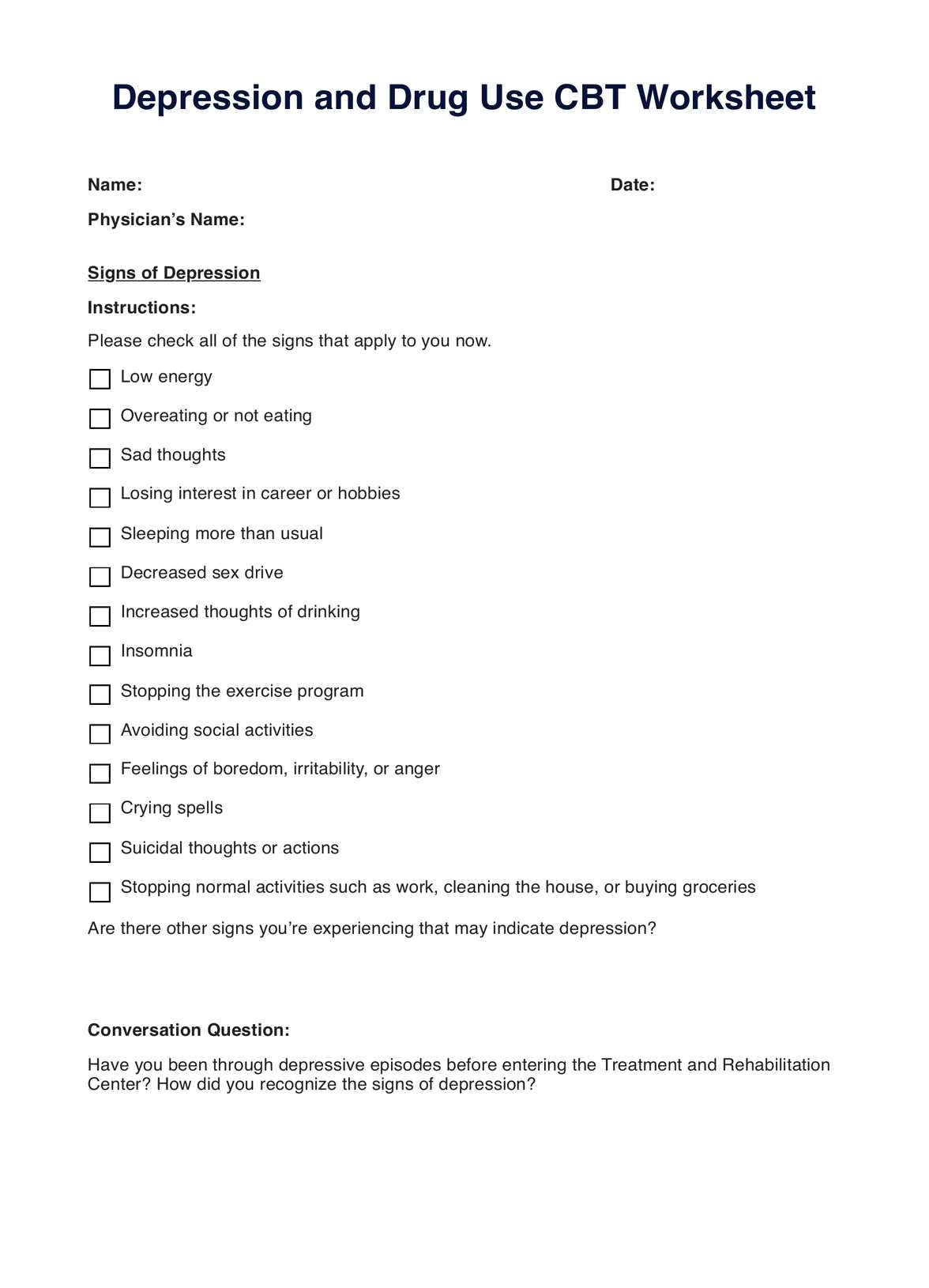 Depression And Drug Use CBT Worksheet U0026 Example Free PDF Download