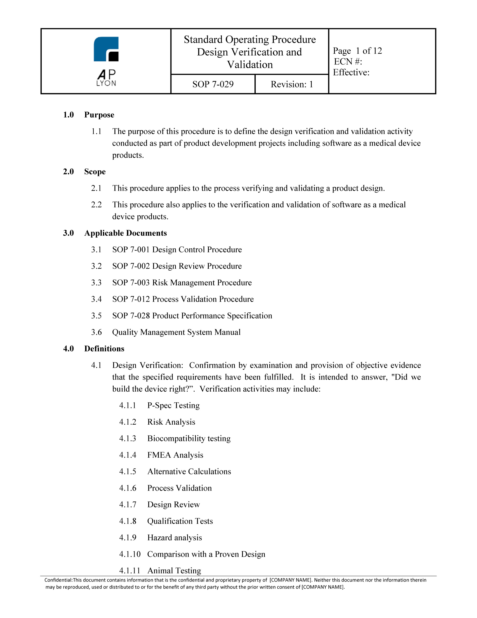 Design Verification Validation Procedure ISO 13485 FDA QSR Compliant