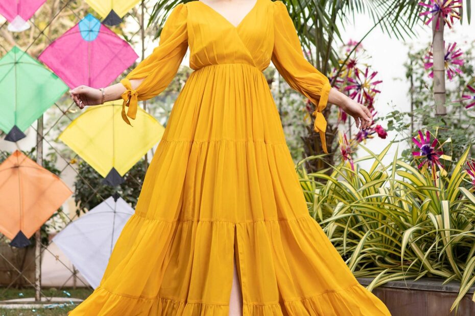Designer trending Mustard Yellow Pleated Angrakha Style Floor Length Dress Wear And Your Looking Classy Wear In Wedding And Cocktail Parties