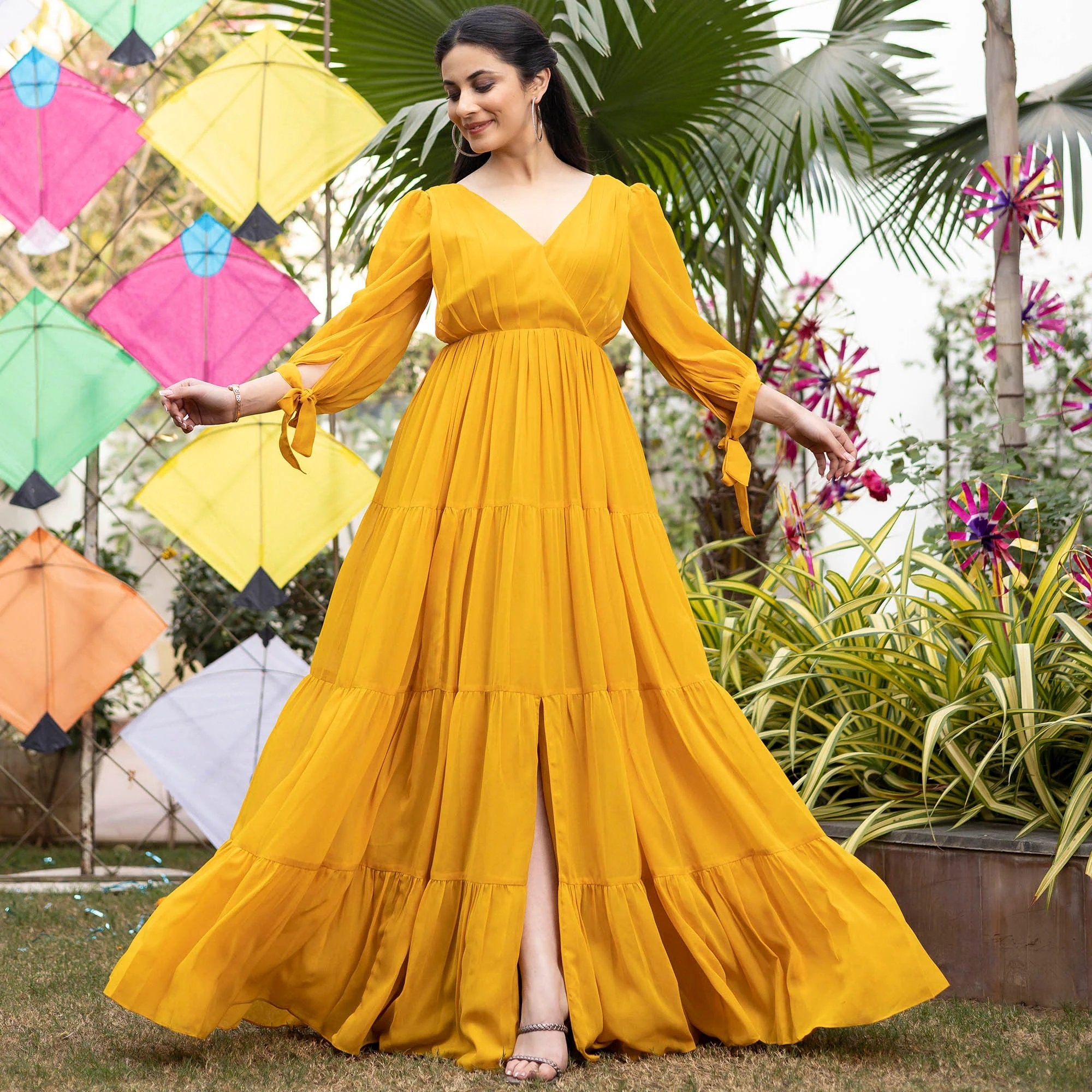 Designer trending Mustard Yellow Pleated Angrakha Style Floor length Dress Wear And Your Looking Classy Wear In Wedding And Cocktail Parties Etsy
