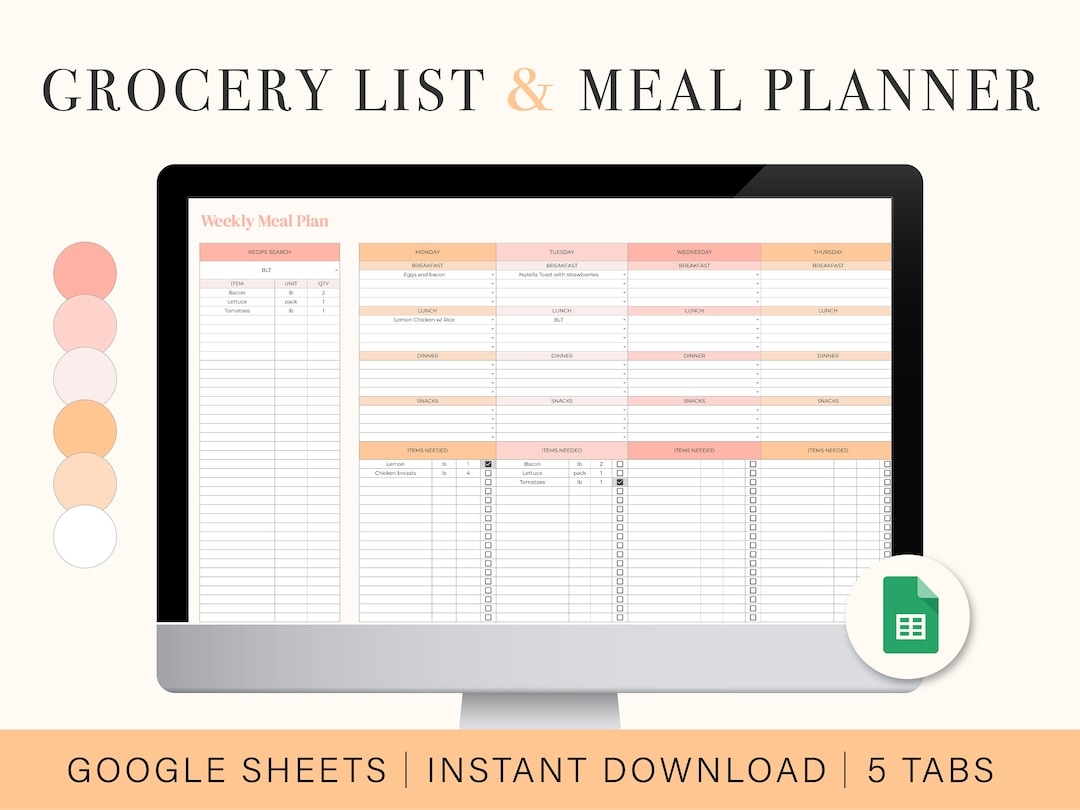 Digital Grocery List U0026 Meal Planner Google Sheets Spreadsheet Template Weekly Meal Planning Family Meal Planner Meal Prep Etsy