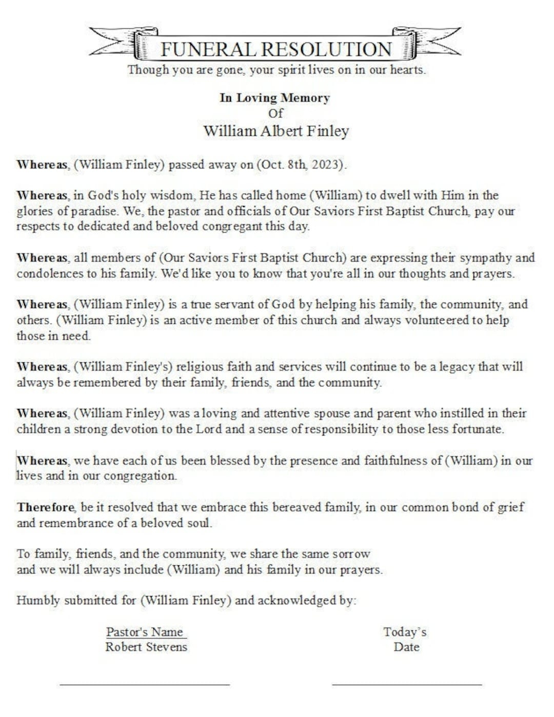 Digital Printable Funeral Resolution Letter Template Word Document Church Record Letter Funeral Document Etsy