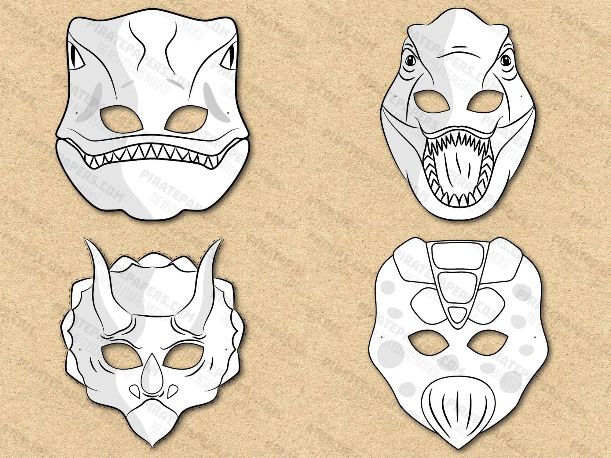Dinosaurs Masks Printable Coloring Velociraptor T Rex Triceratops Stegosaurus Paper DIY Kids Adults PDF Template Download Halloween
