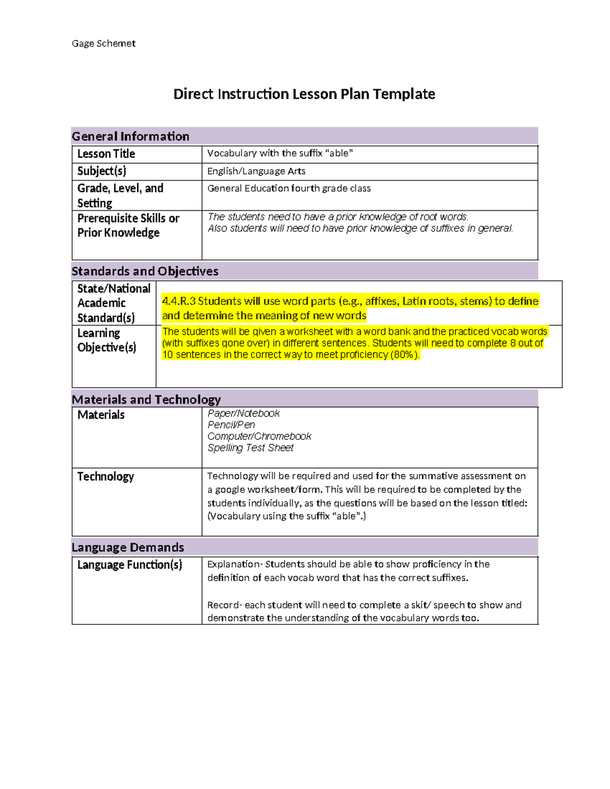 Direct Instruction Lesson Plan For 4th Grade Vocabulary able 