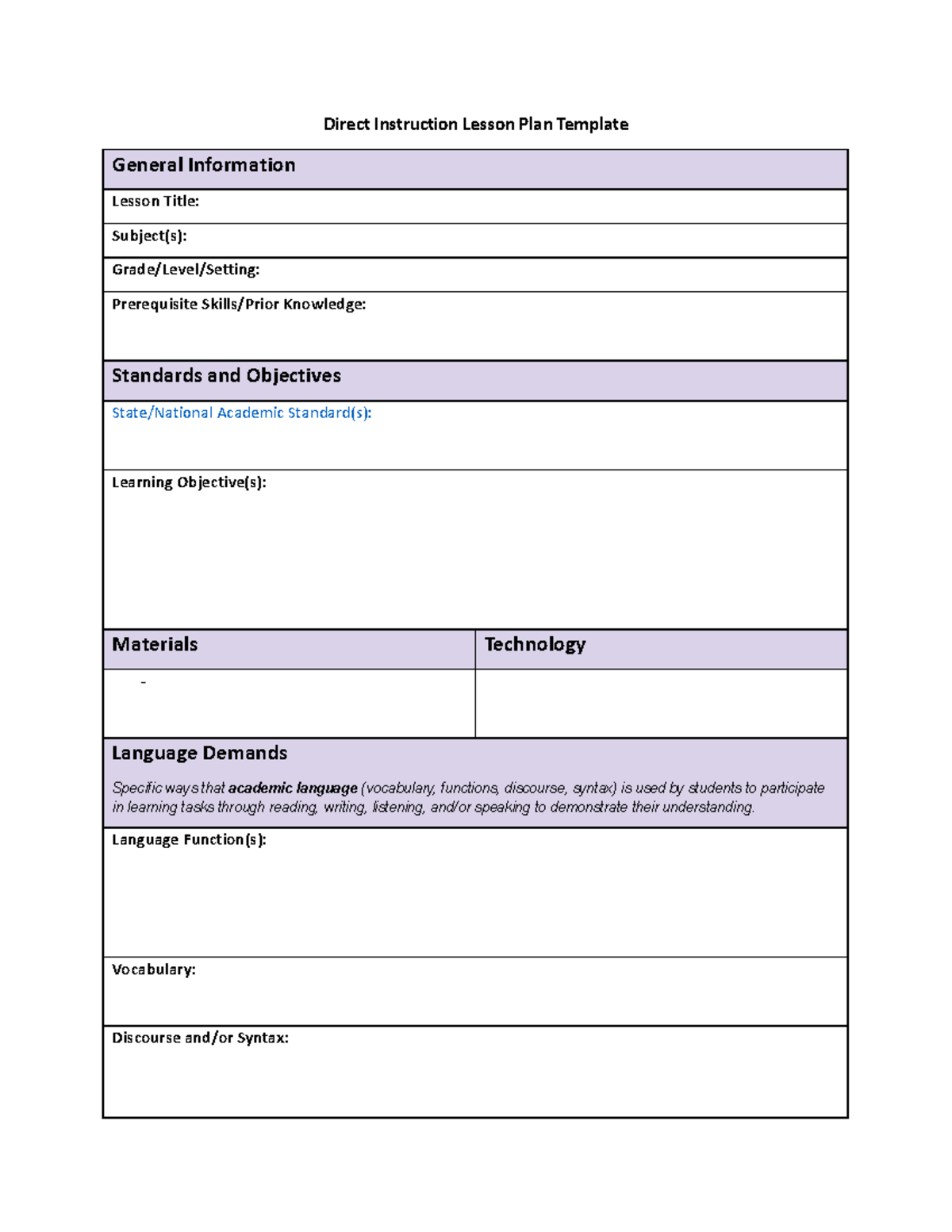 Direct Instruction Lesson Plan Template Direct Instruction 