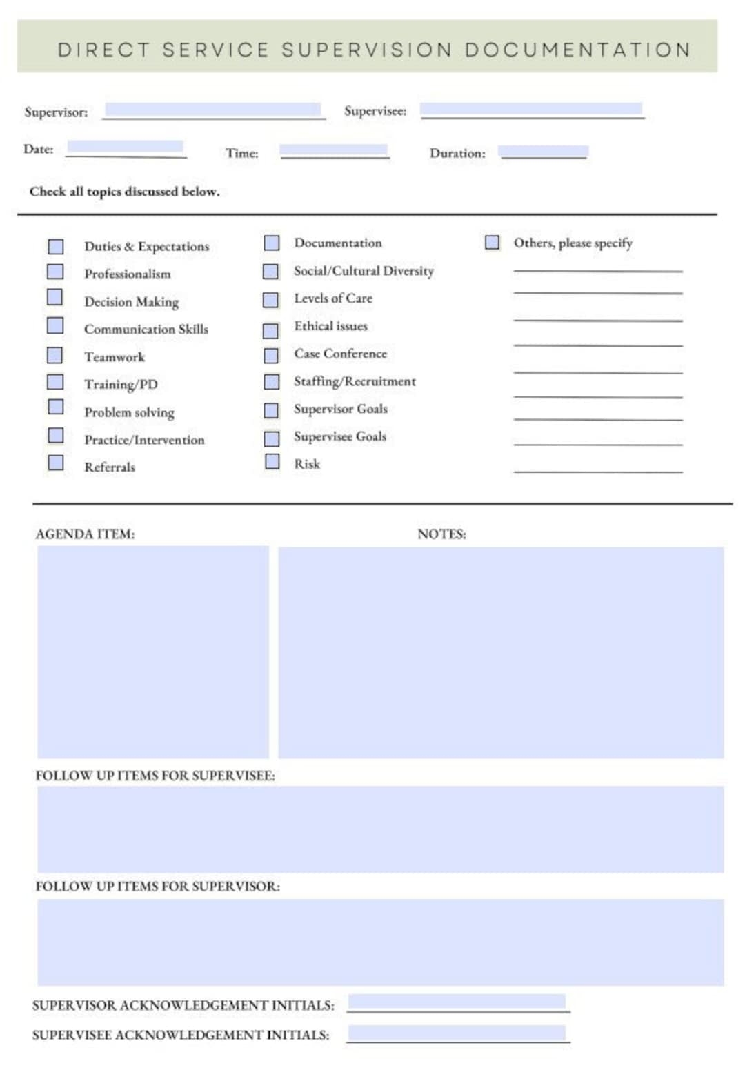 Direct Service clinical Supervision Note Template Etsy Canada