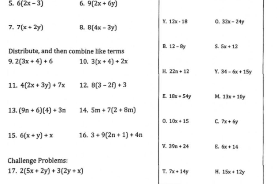 Distributive Property And Combining Like Terms Worksheet Live Worksheets Library