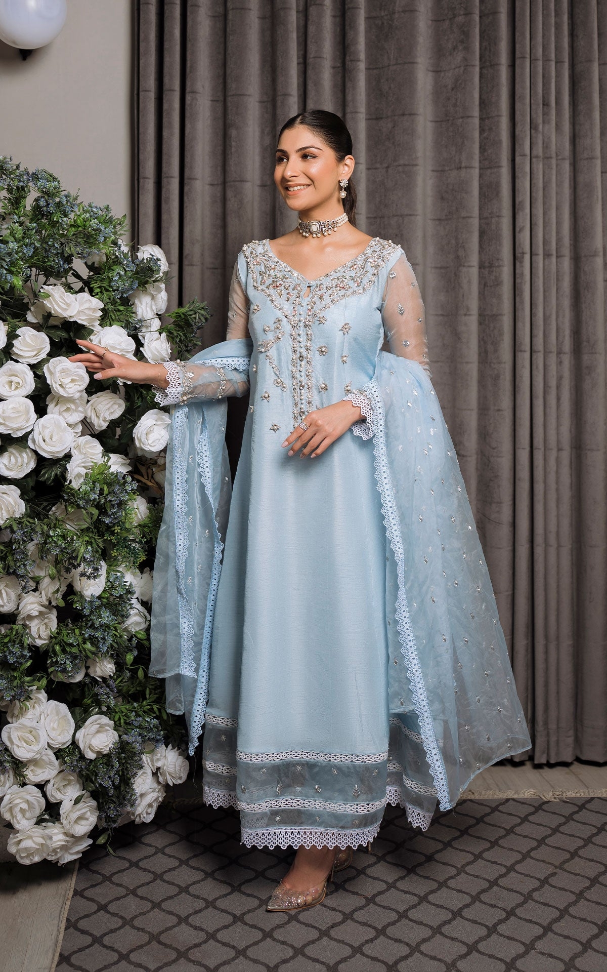 Diva Pret Zarnab D4 Ice Blue Ensemble Pakistan