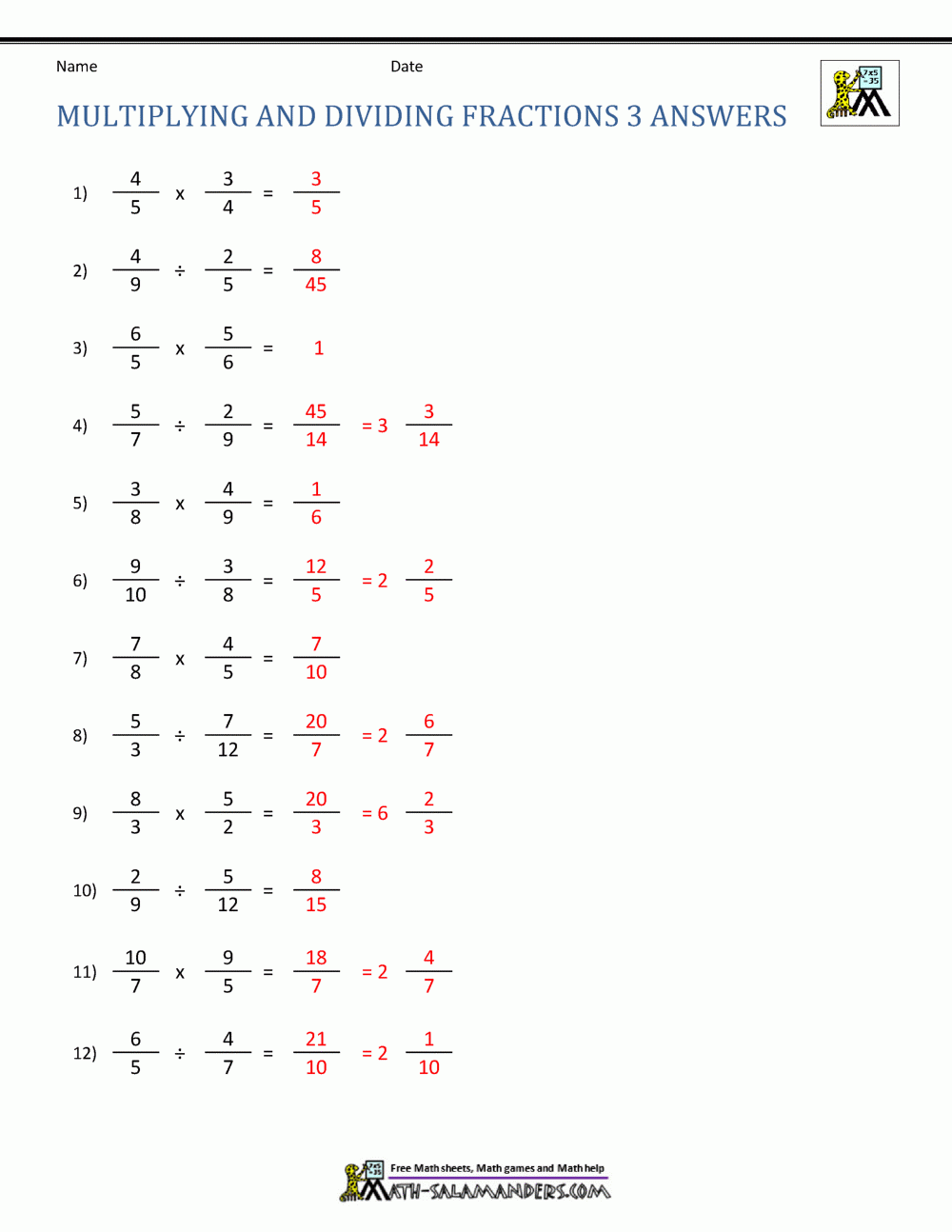 Dividing Fractions Worksheet