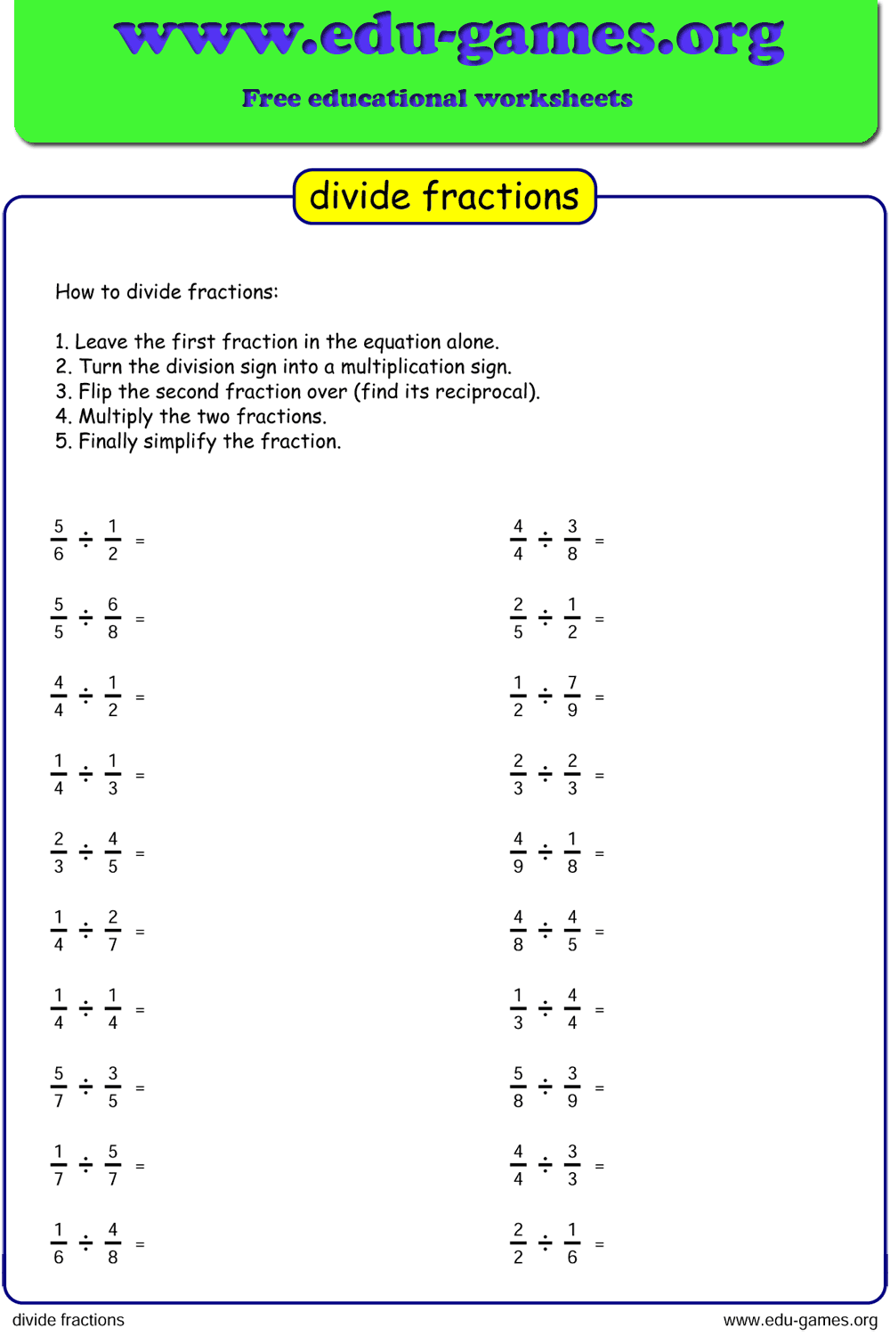 dividing fractions worksheets