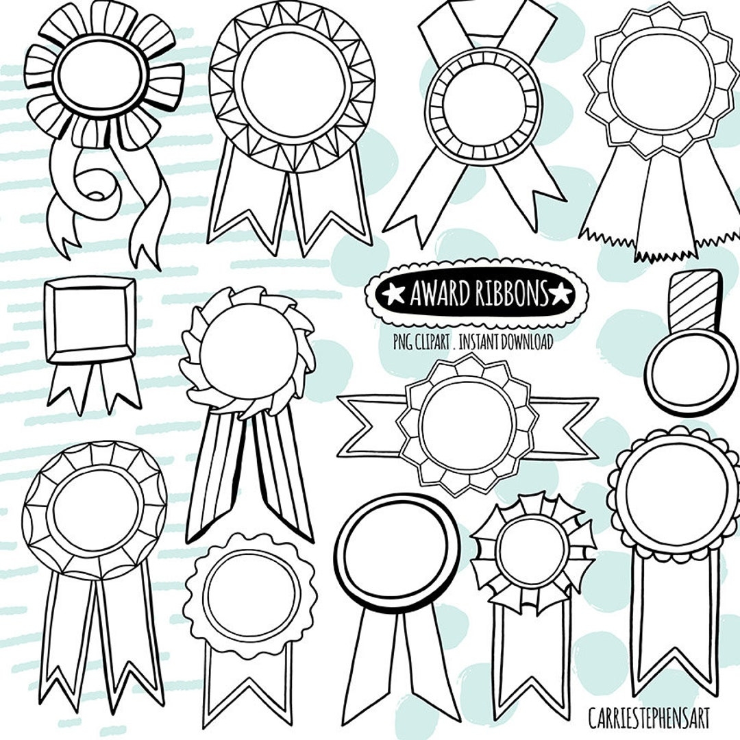 Doodle Award Ribbon Black U0026 White Lineart Digital Graphic Line Art Label Clipart Birthday Award Template Print And Colour DIY Etsy