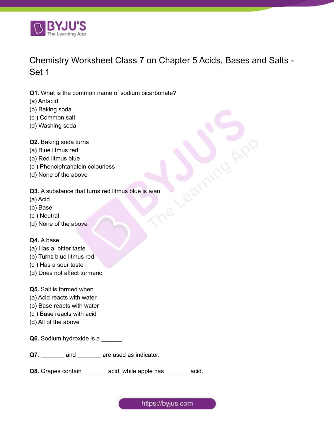 Download Class 7 Chemistry Worksheet On Chapter 5 Acids Bases 