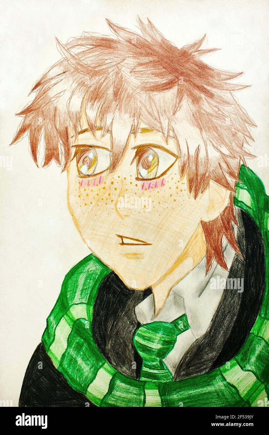 Drawing In The Style Of Anime Boy Drawing Colored Pencil Stock 