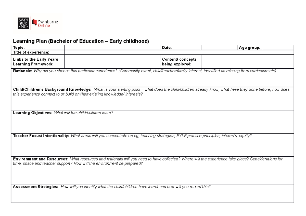 early childhood education lesson plan template