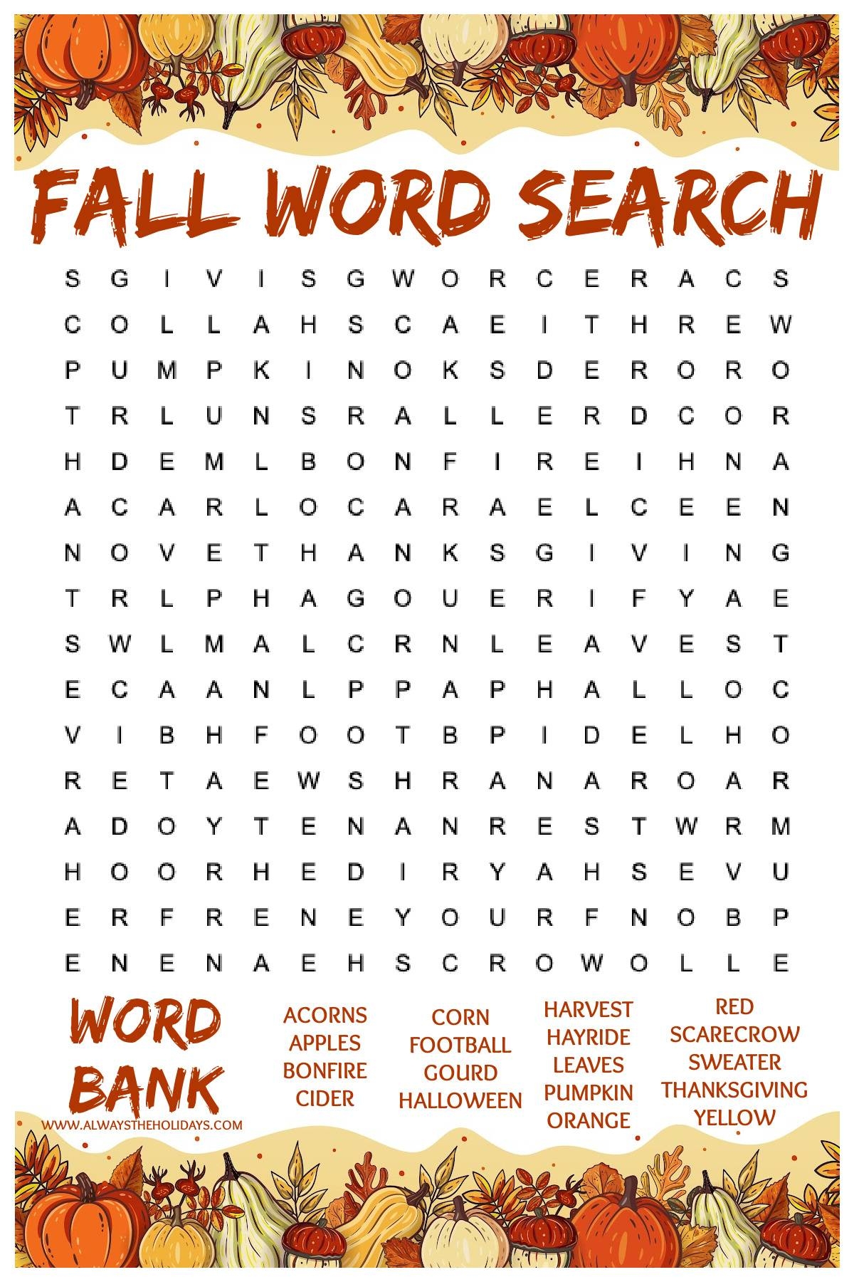 autumn word search printable
