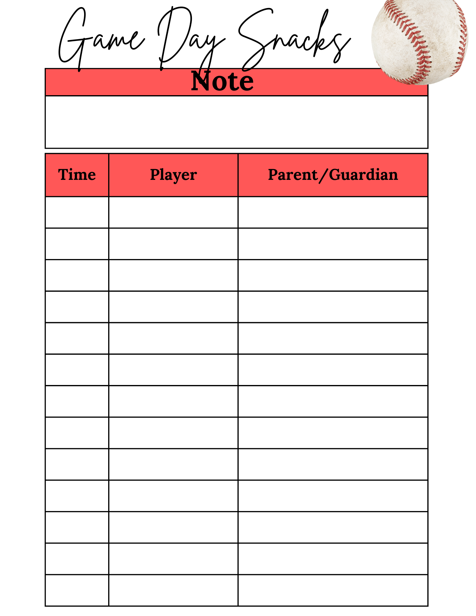 baseball snack schedule template free