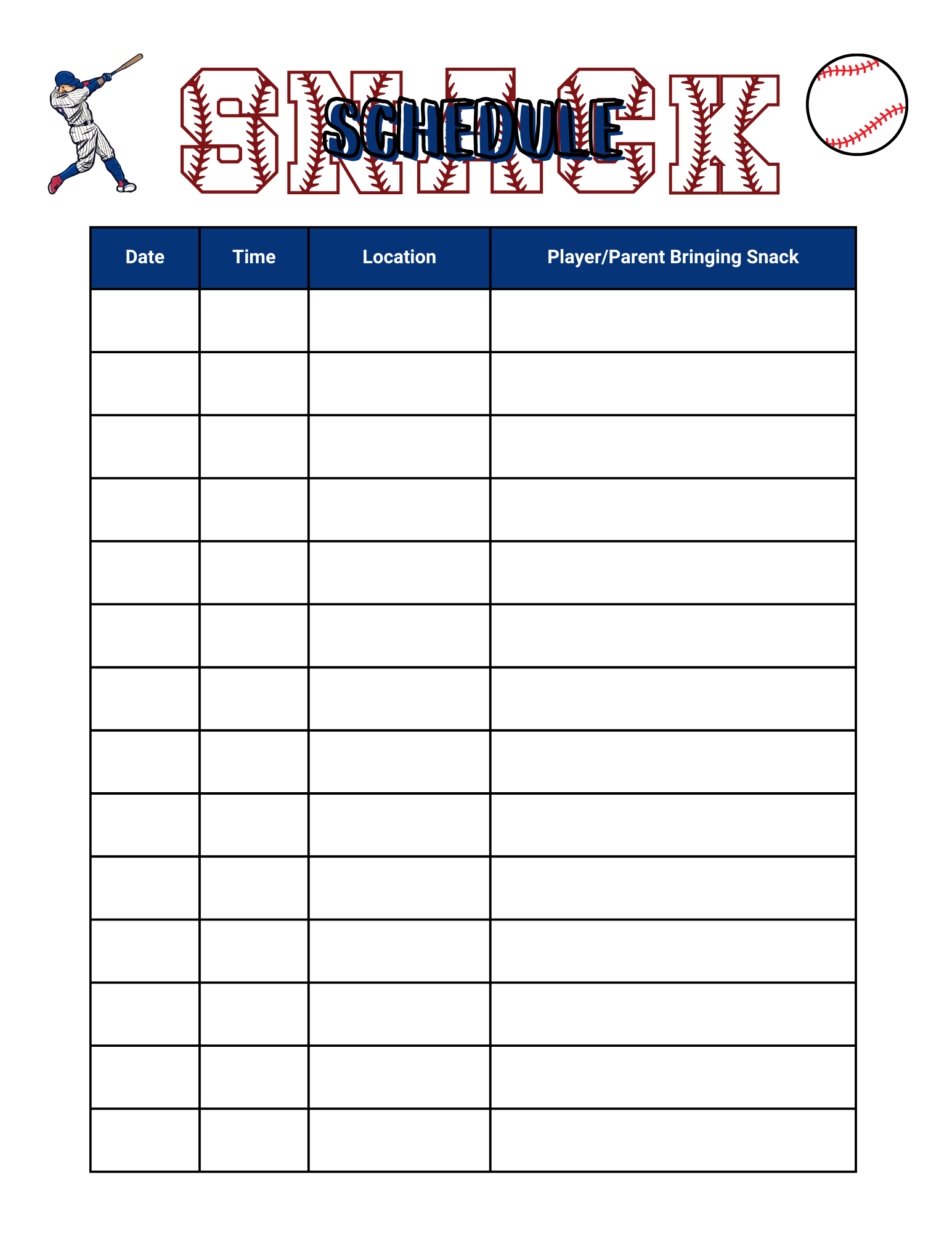 Editable Baseball Snack Sign Up Sheet Printable Instant Download 