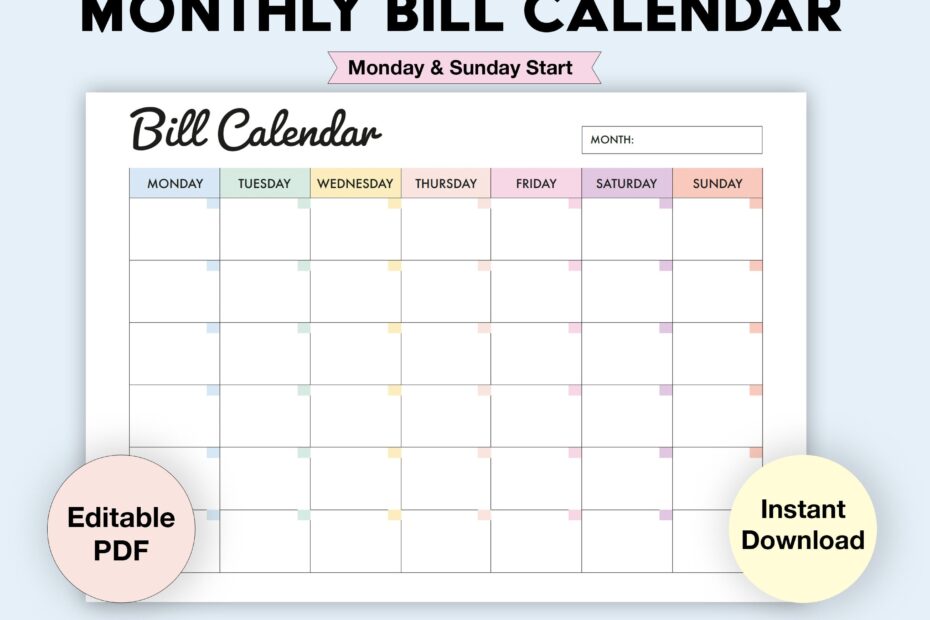 Editable Bill Calendar Printable Monthly Bill Planner Monthly