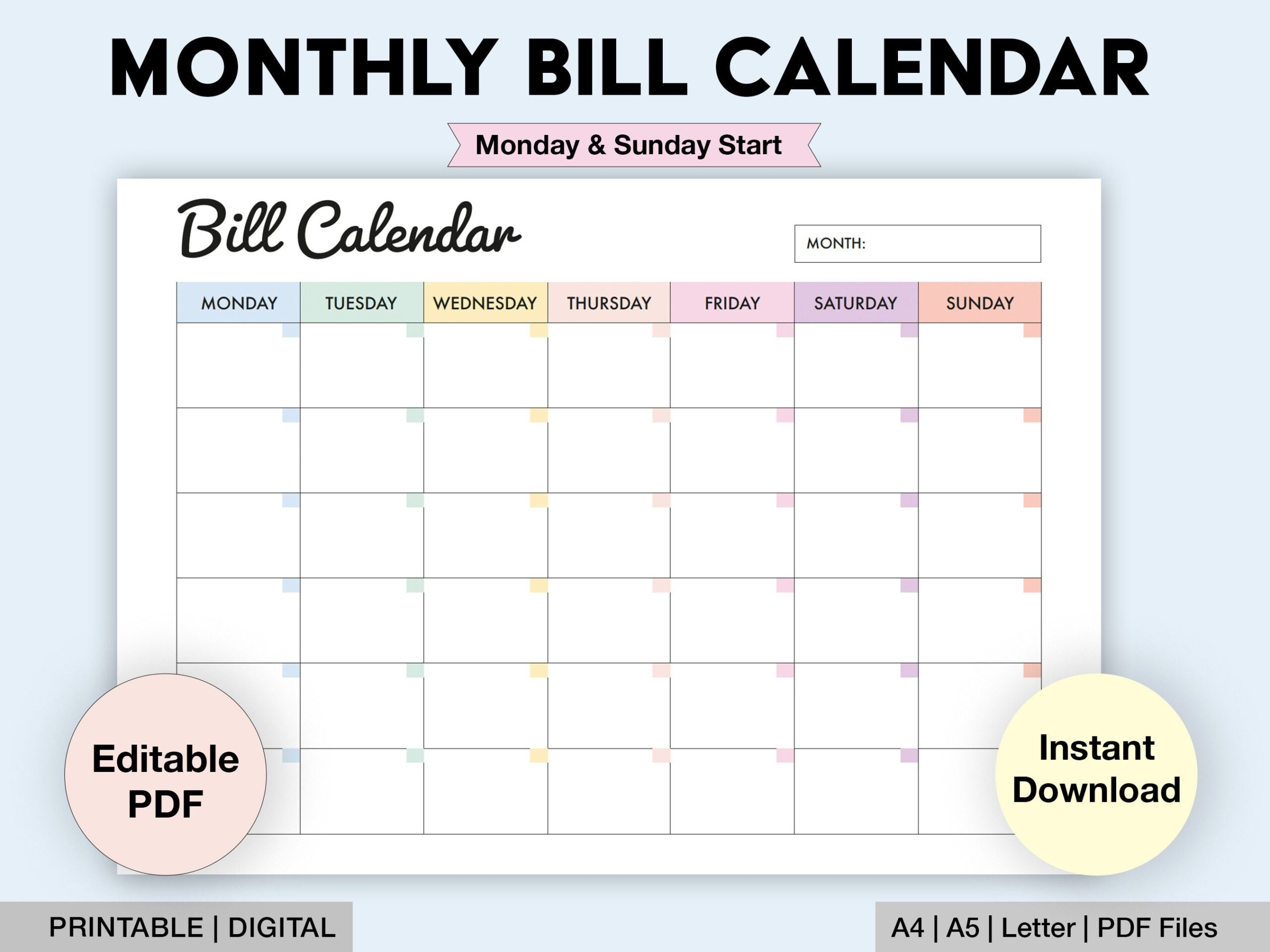 Editable Bill Calendar Printable Monthly Bill Planner Monthly 