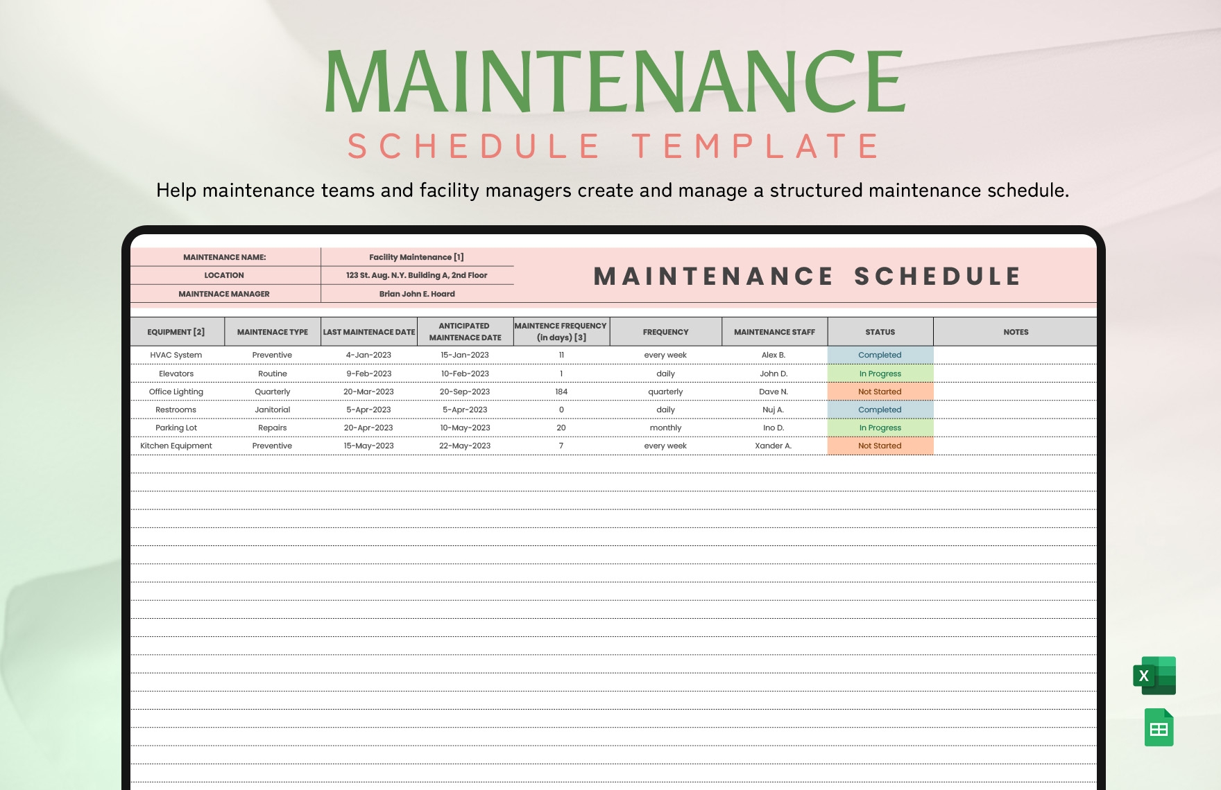 Editable Maintenance Schedule Templates In Excel To Download
